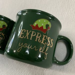 Express Your Elf Mug Green Ceramic Coffee Tea Cocoa Large 2 Pc Set Santa Helper